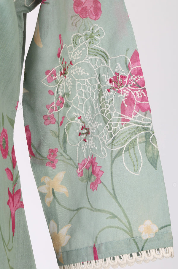 Sea Green Floral Printed Embroidered Chanderi Straight Kurta