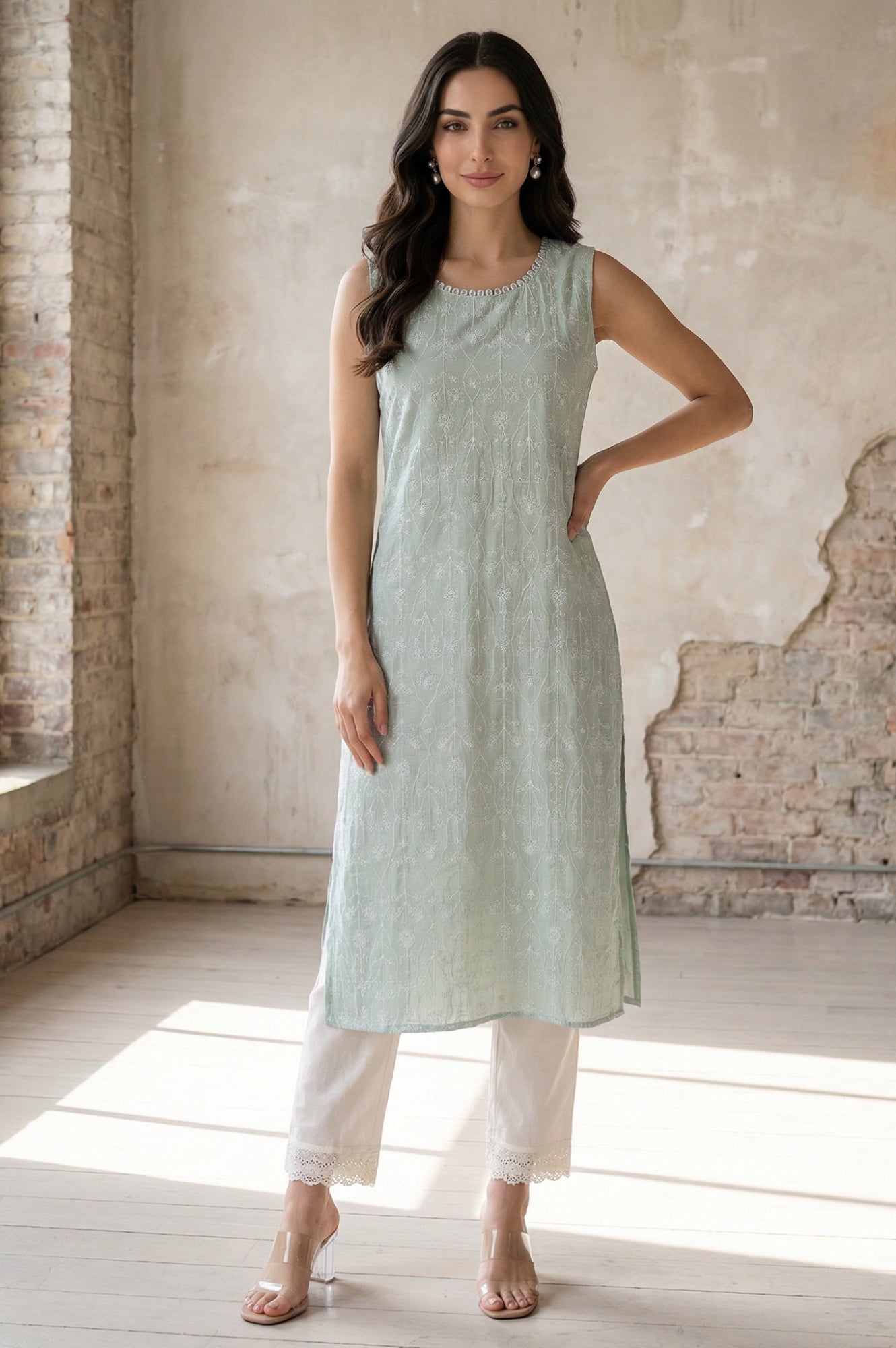 Sea Green Thread Embroidered Rayon Straight Kurta
