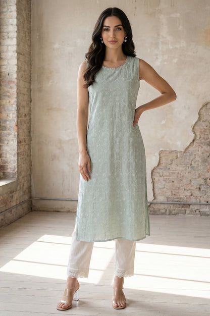 Sea Green Thread Embroidered Rayon Straight Kurta