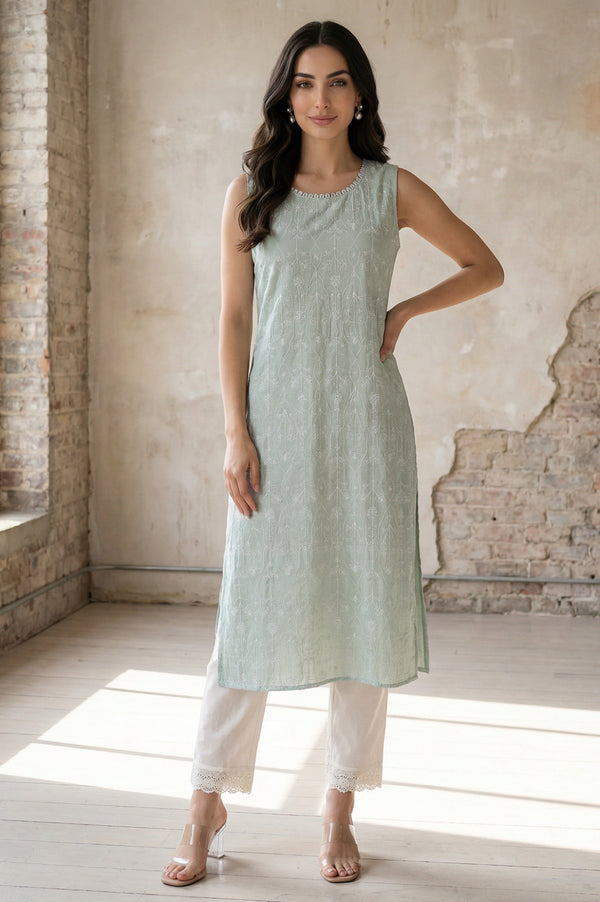 Sea Green Thread Embroidered Rayon Straight Kurta