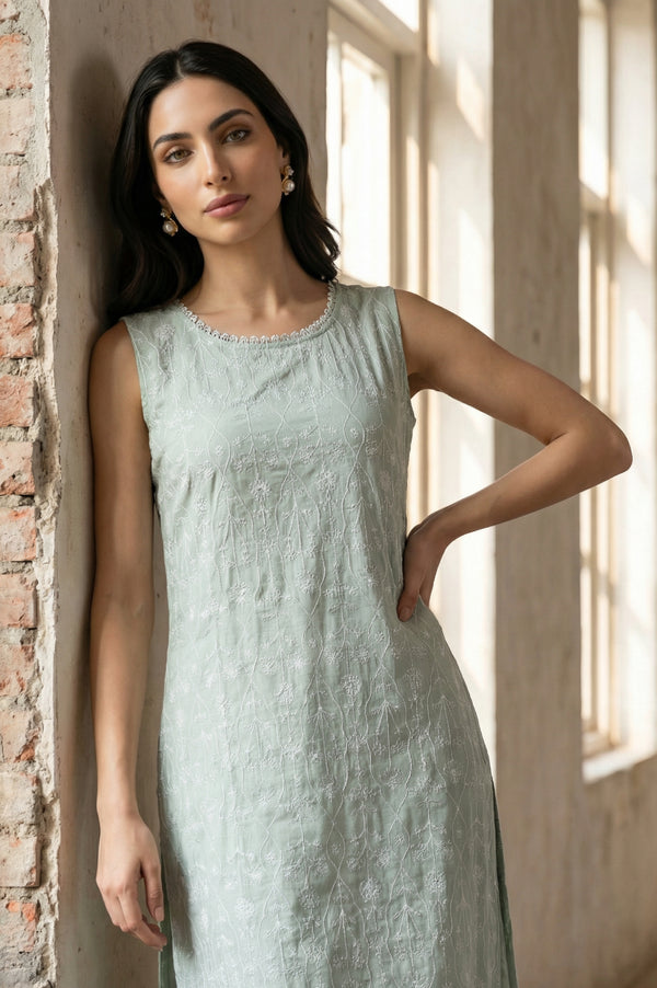 Sea Green Thread Embroidered Rayon Straight Kurta