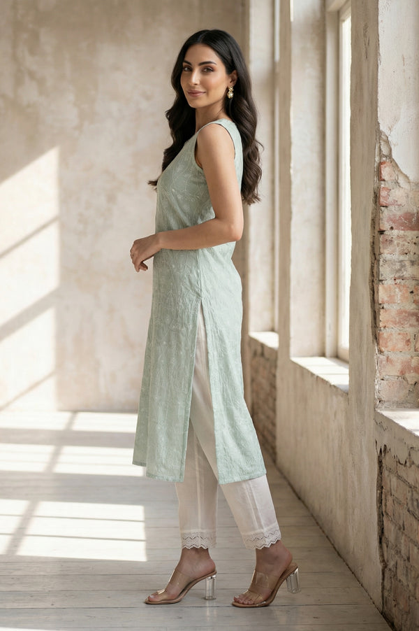 Sea Green Thread Embroidered Rayon Straight Kurta