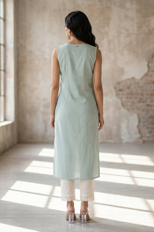 Sea Green Thread Embroidered Rayon Straight Kurta