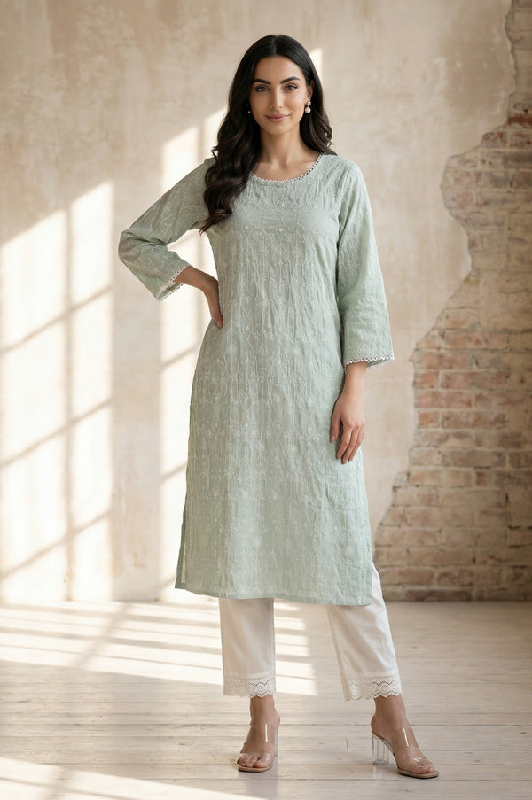 Sea Green Schiffli Embroidered Rayon Straight Kurta