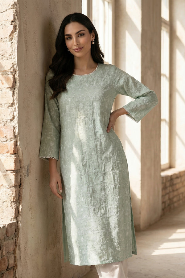 Sea Green Schiffli Embroidered Rayon Straight Kurta
