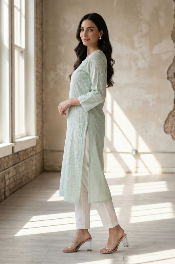 Sea Green Schiffli Embroidered Rayon Straight Kurta