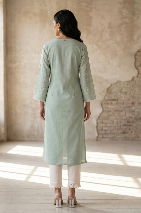 Sea Green Schiffli Embroidered Rayon Straight Kurta
