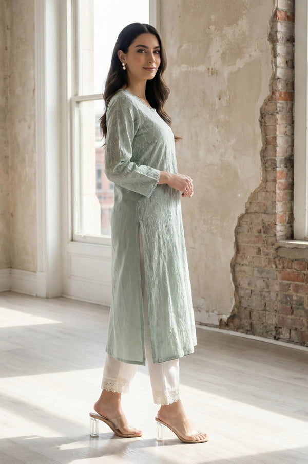 Sea Green Schiffli Embroidered Rayon Straight Kurta