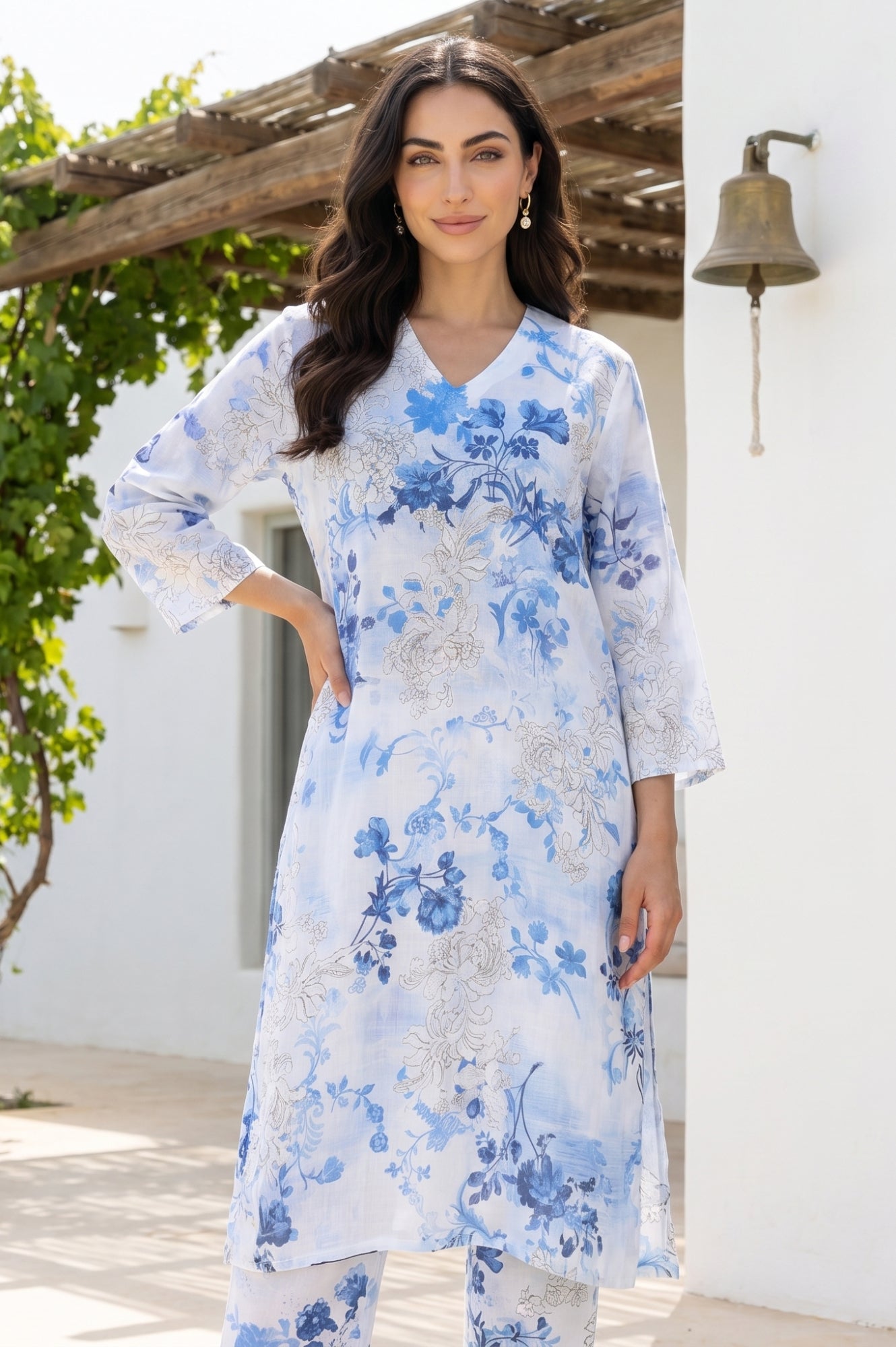 White Floral Printed Modal Straight Kurta