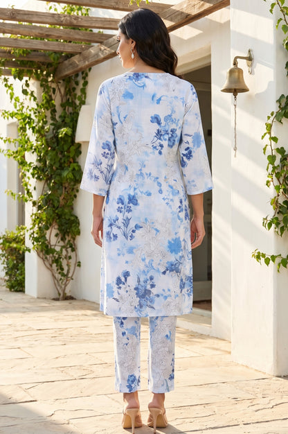 White Floral Printed Modal Straight Kurta