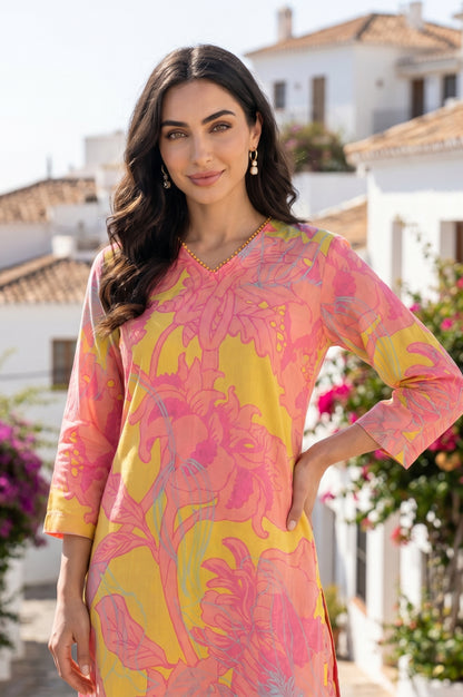 Yellow Floral Printed Modal Straight Kurta