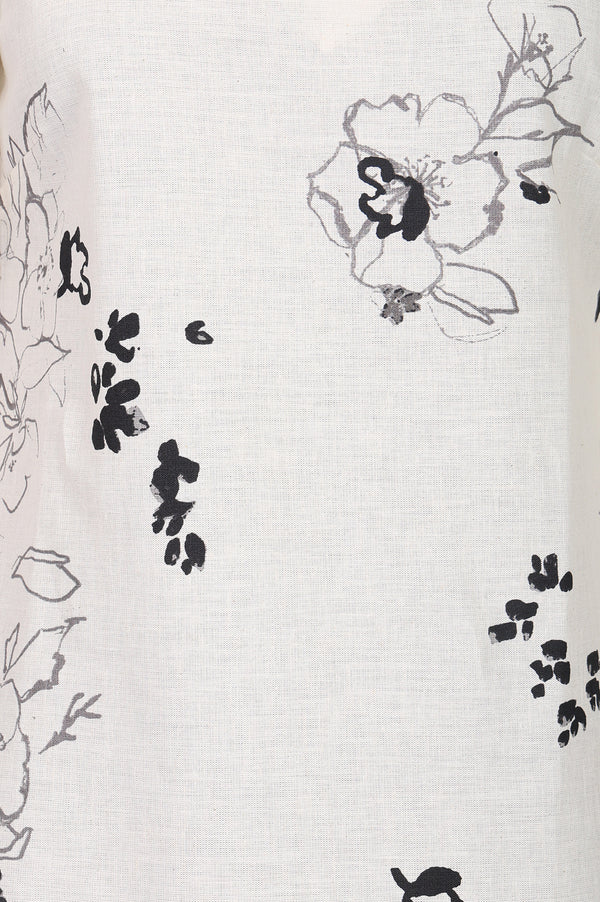 Off White Floral Printed Cotton Flax Straight Kurta