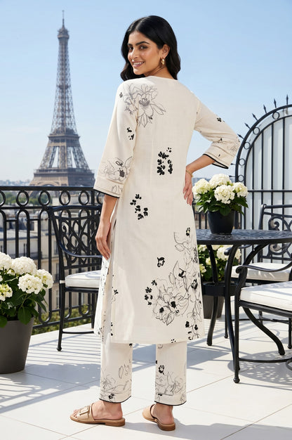 Off White Floral Printed Cotton Flax Straight Kurta