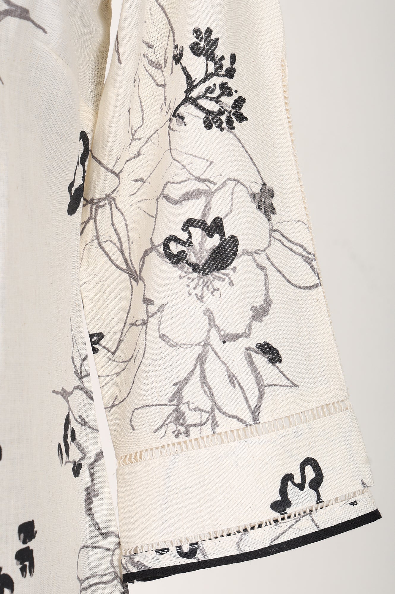 Off White Floral Printed Cotton Flax Straight Kurta