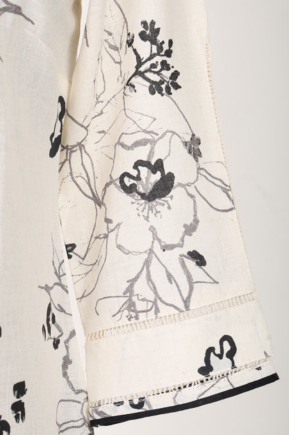 Off White Floral Printed Cotton Flax Straight Kurta