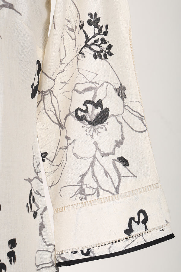 Off White Floral Printed Cotton Flax Straight Kurta