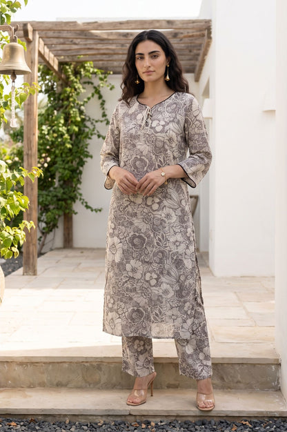 Grey Floral Printed Straight Kurta