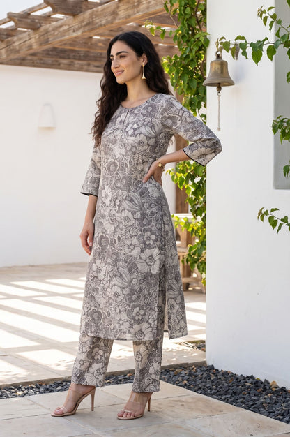 Grey Floral Printed Straight Kurta