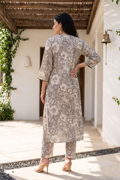 Grey Floral Printed Straight Kurta