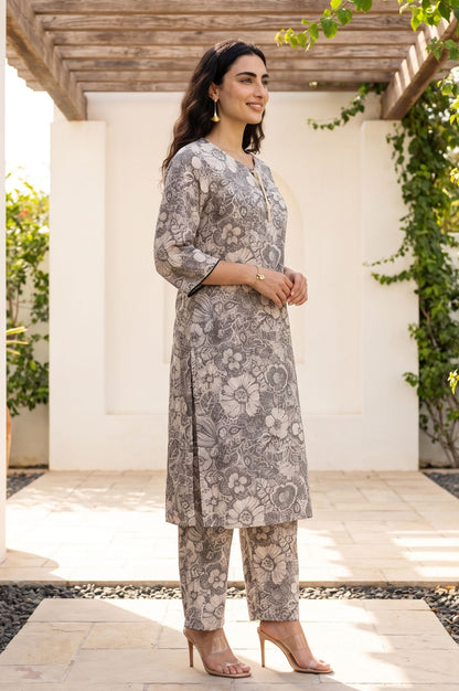 Grey Floral Printed Straight Kurta