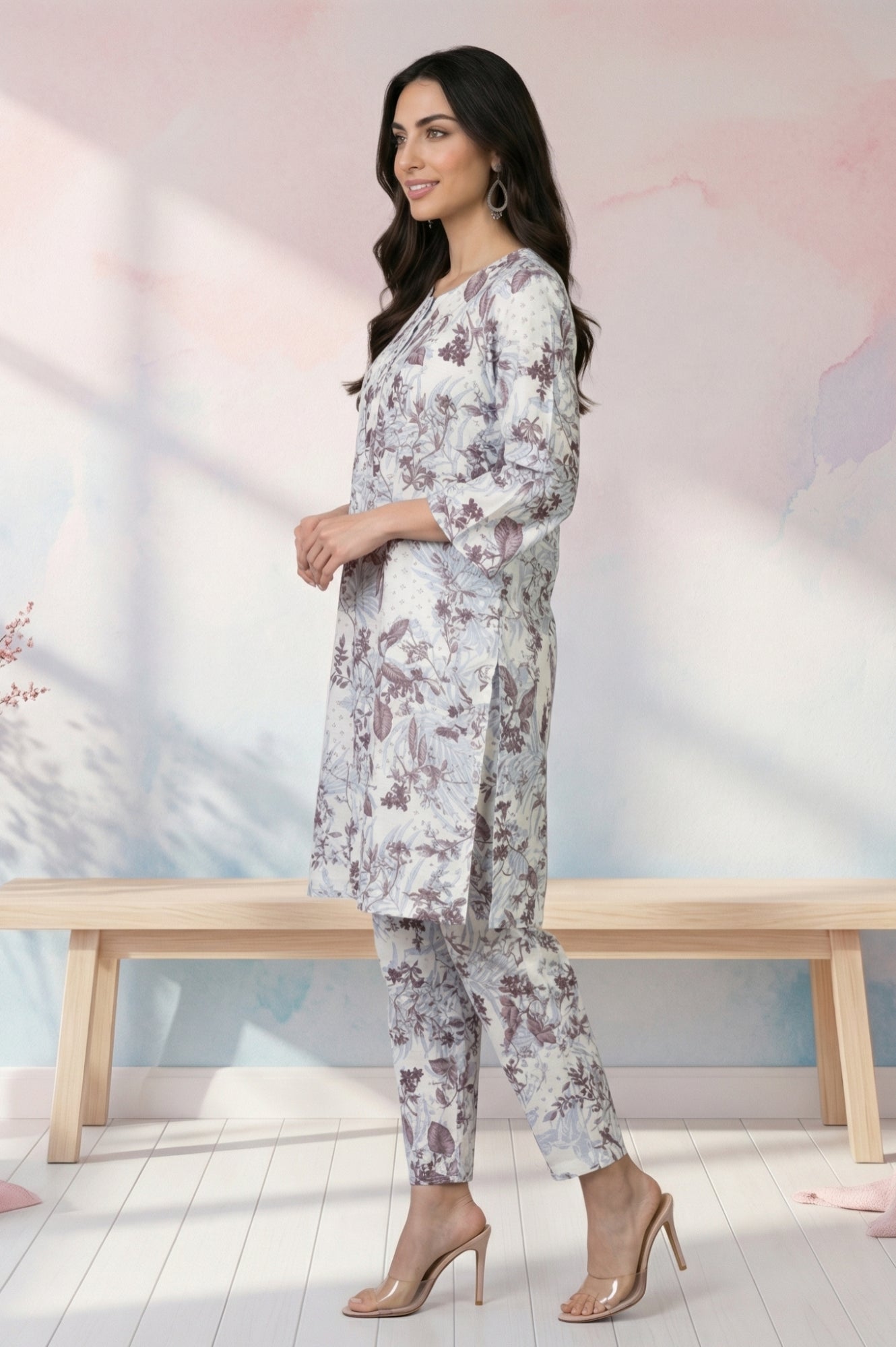 Off White Floral Printed Straight Tunic