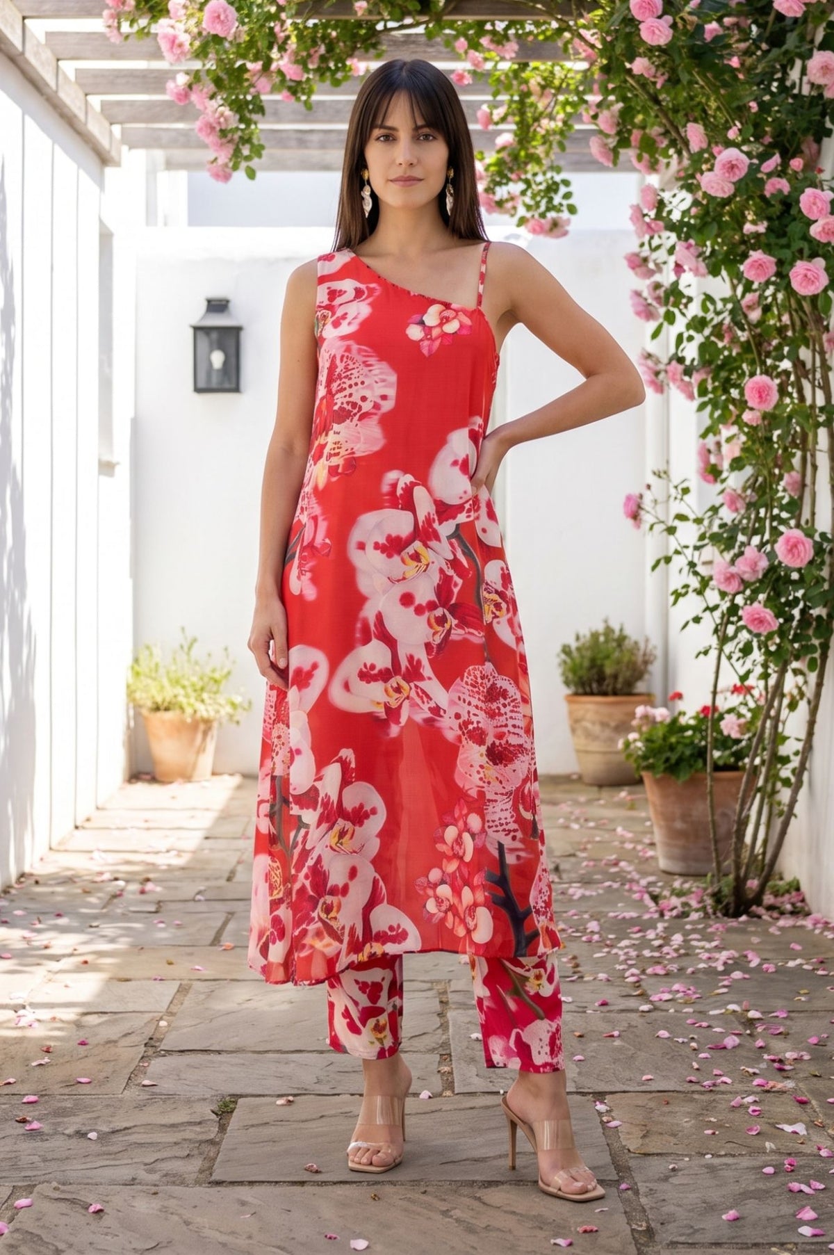 Red Floral Printed Sleeveless Modal Straight Kurta