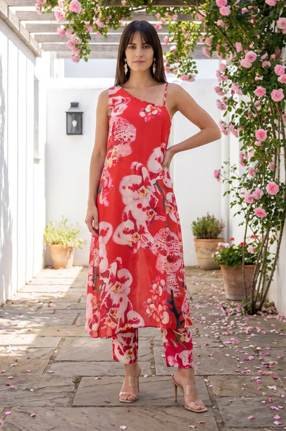 Red Floral Printed Sleeveless Modal Straight Kurta