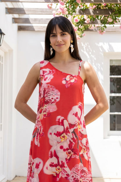 Red Floral Printed Sleeveless Modal Straight Kurta