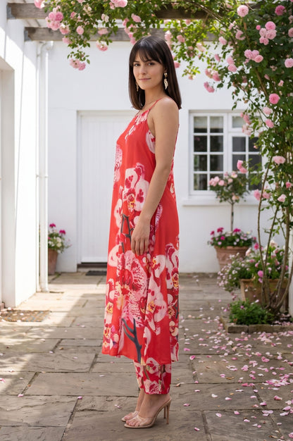 Red Floral Printed Sleeveless Modal Straight Kurta