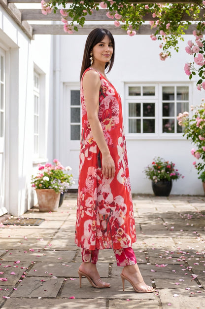 Red Floral Printed Sleeveless Modal Straight Kurta