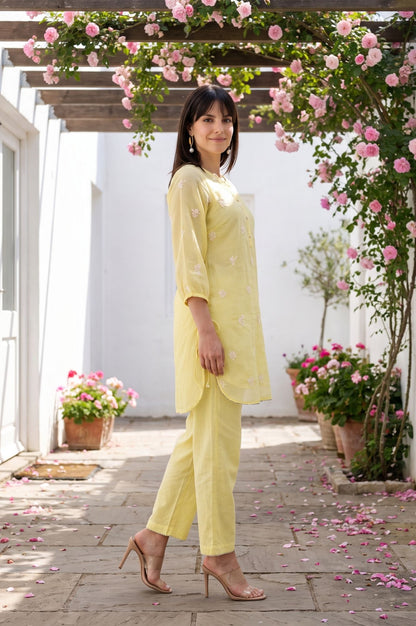 Light Yellow Embroidered Straight Tunic