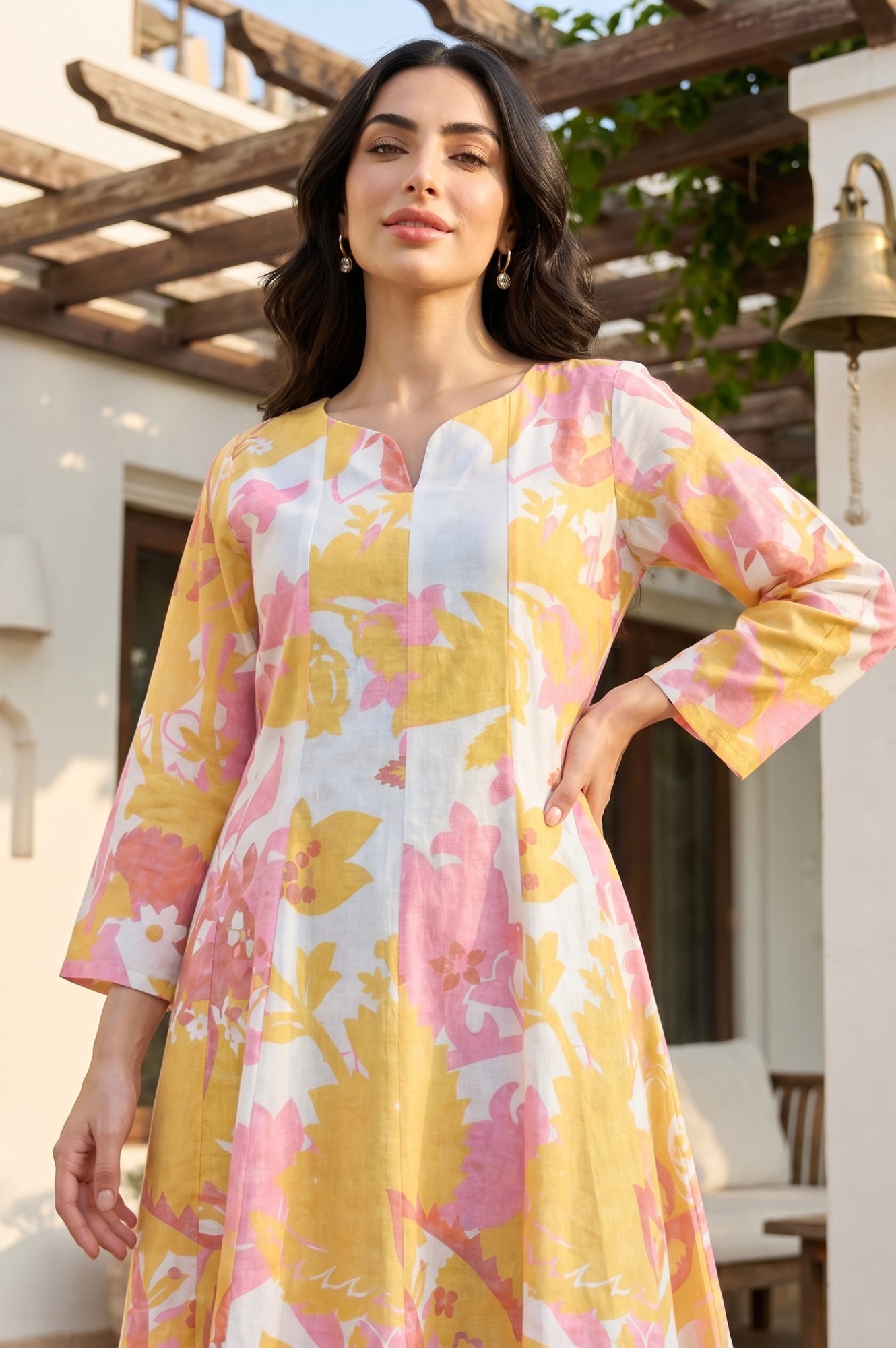 Multi-coloured Floral Printed Pure Cotton Flared Kurta