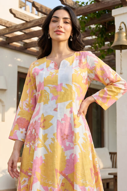 Multi-coloured Floral Printed Pure Cotton Flared Kurta