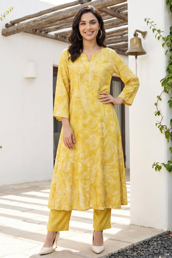 Mustard Floral Printed Rayon Flared Kurta
