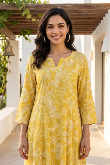 Mustard Floral Printed Rayon Flared Kurta