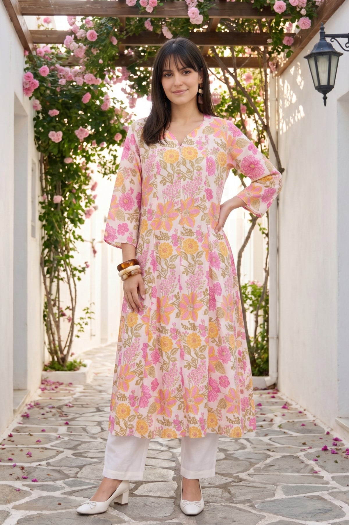 Off White Floral Printed Rayon Flared Kurta - XS