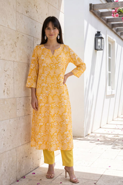 Yellow Floral Printed Rayon A-line Kurta