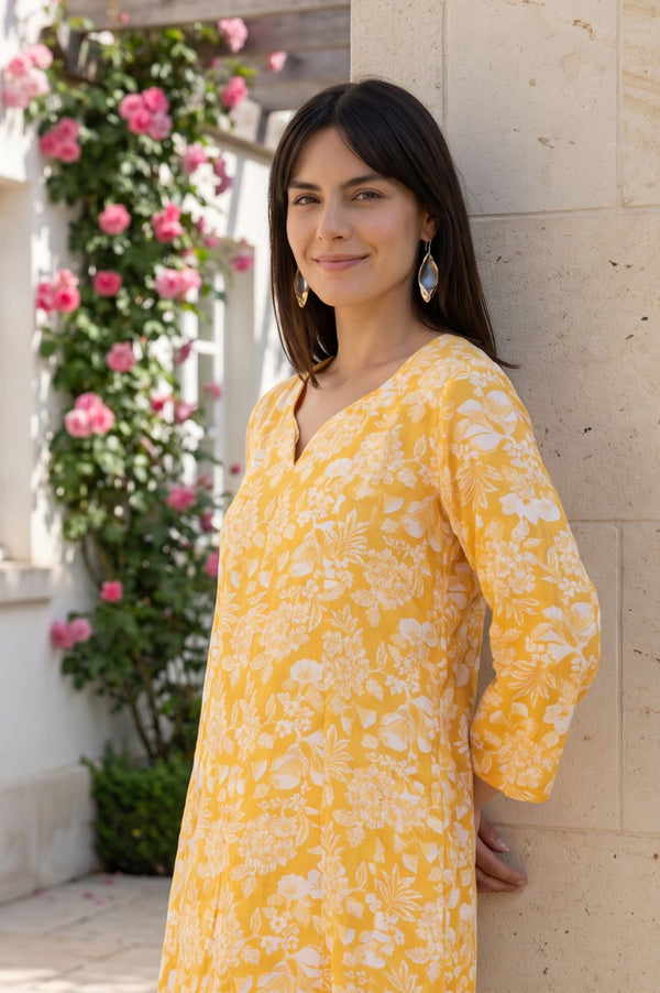Yellow Floral Printed Rayon A-line Kurta