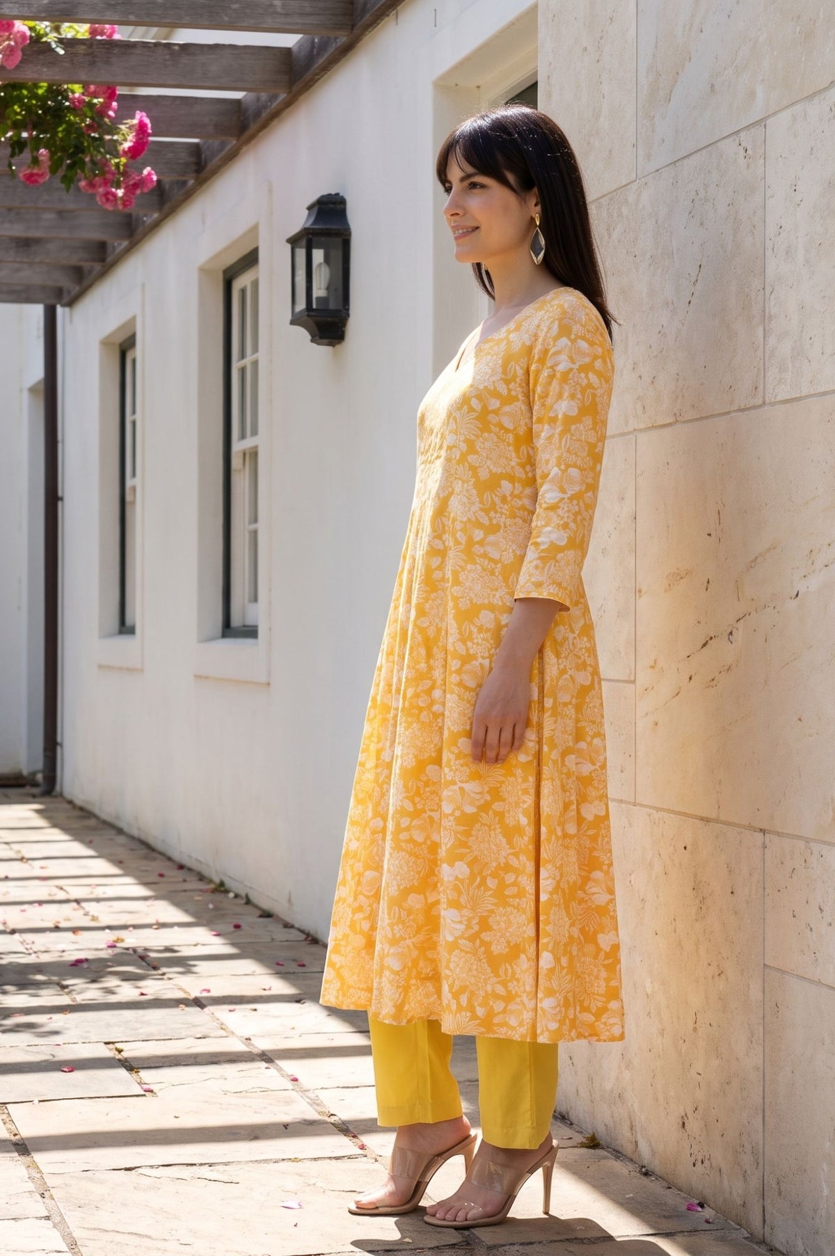 Yellow Floral Printed Rayon A-line Kurta