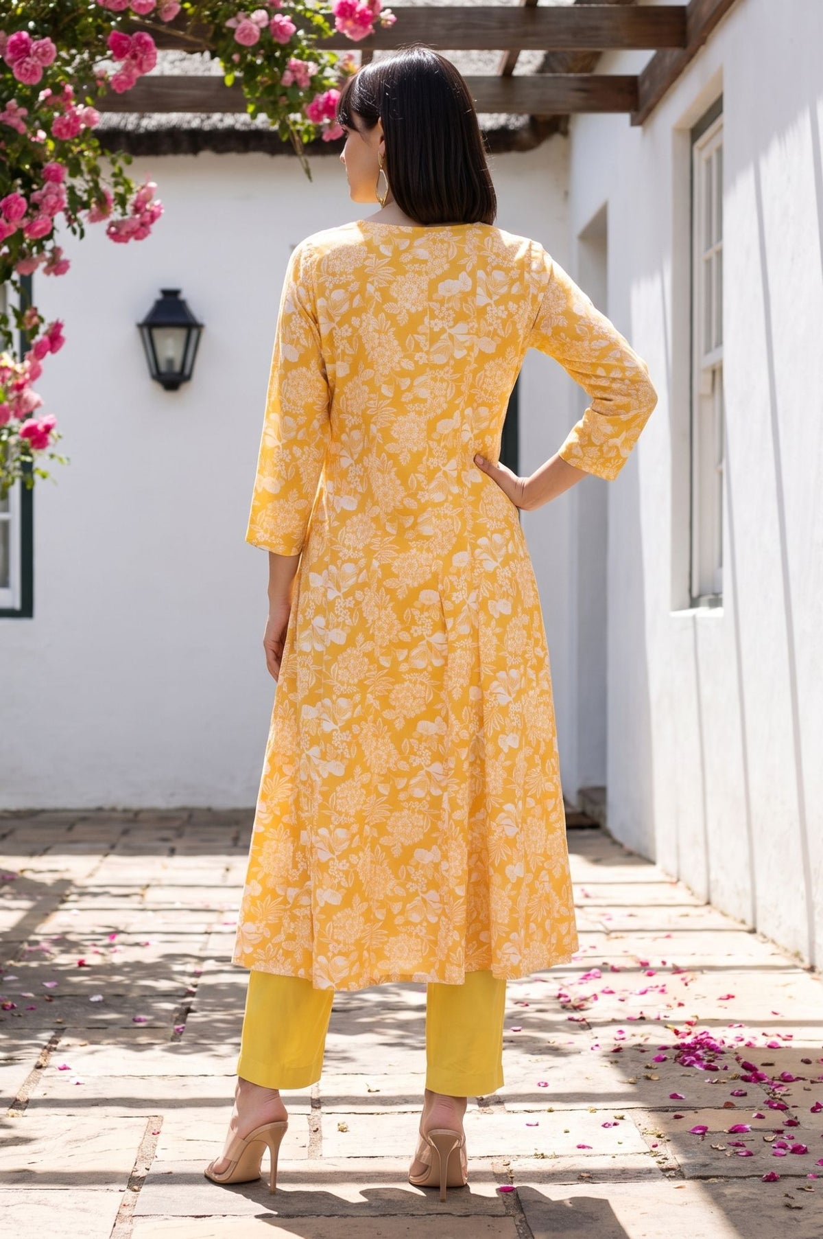 Yellow Floral Printed Rayon A-line Kurta