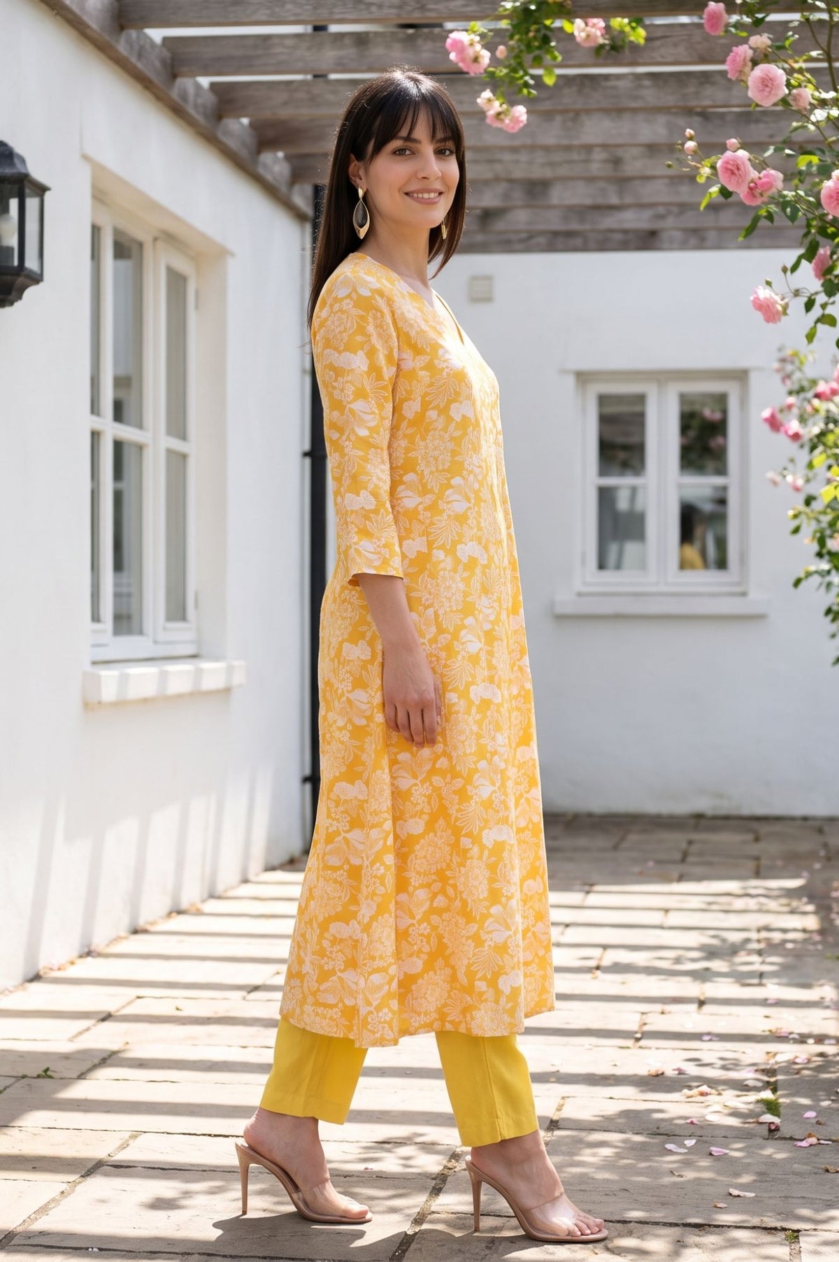 Yellow Floral Printed Rayon A-line Kurta