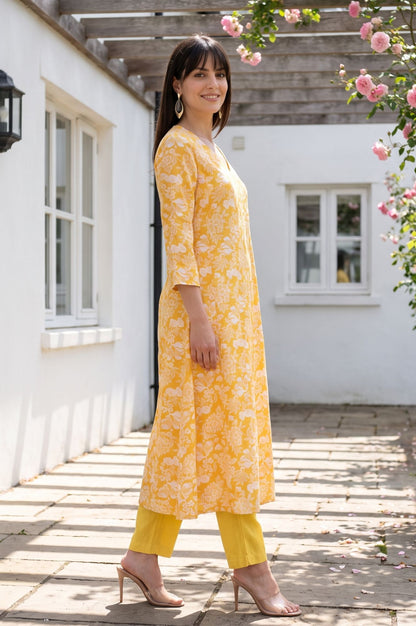Yellow Floral Printed Rayon A-line Kurta