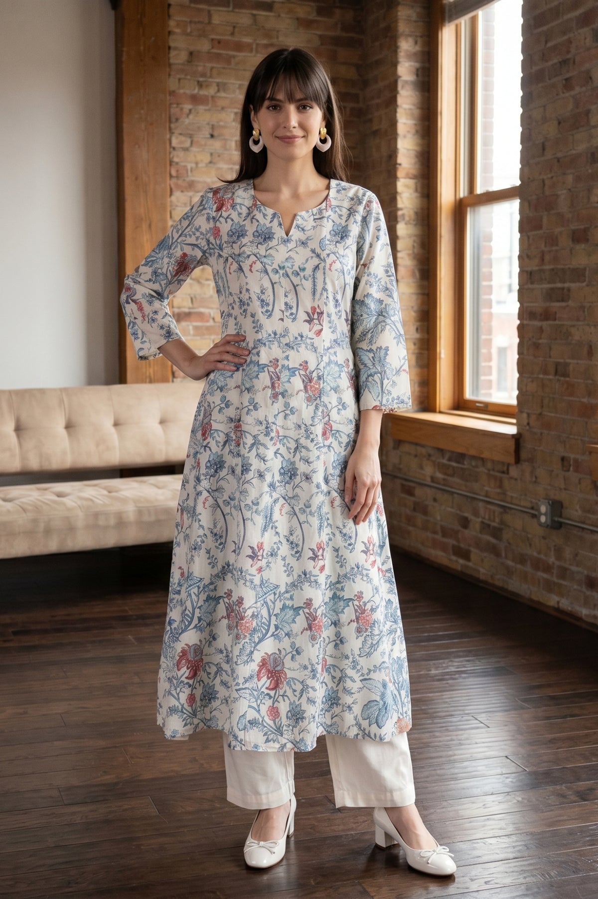 Off White Floral Printed Pure Cotton Flared Kurta - XS