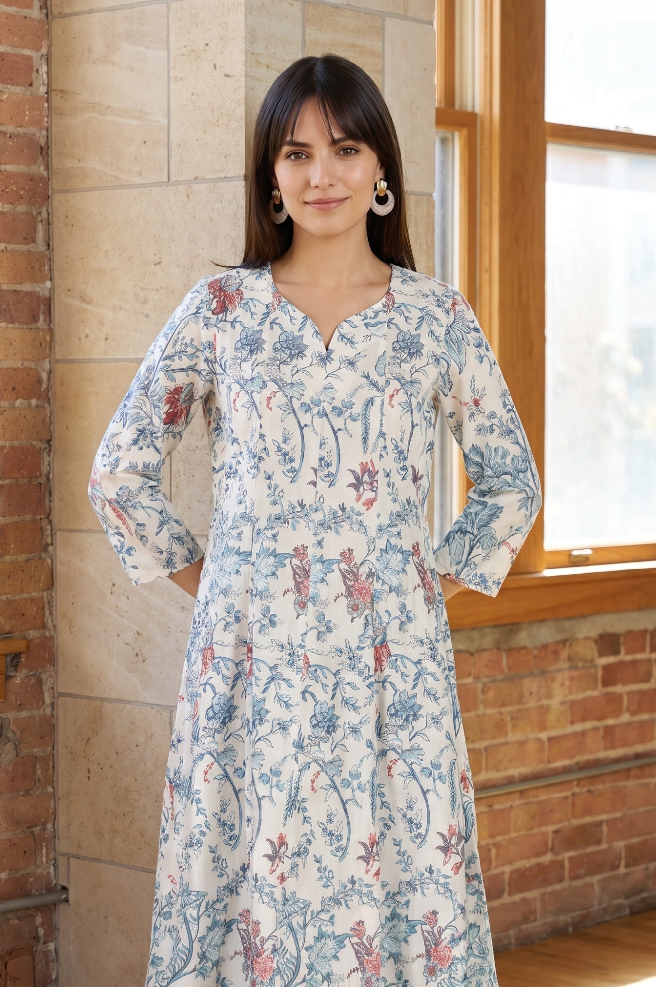 Off White Floral Printed Pure Cotton Flared Kurta