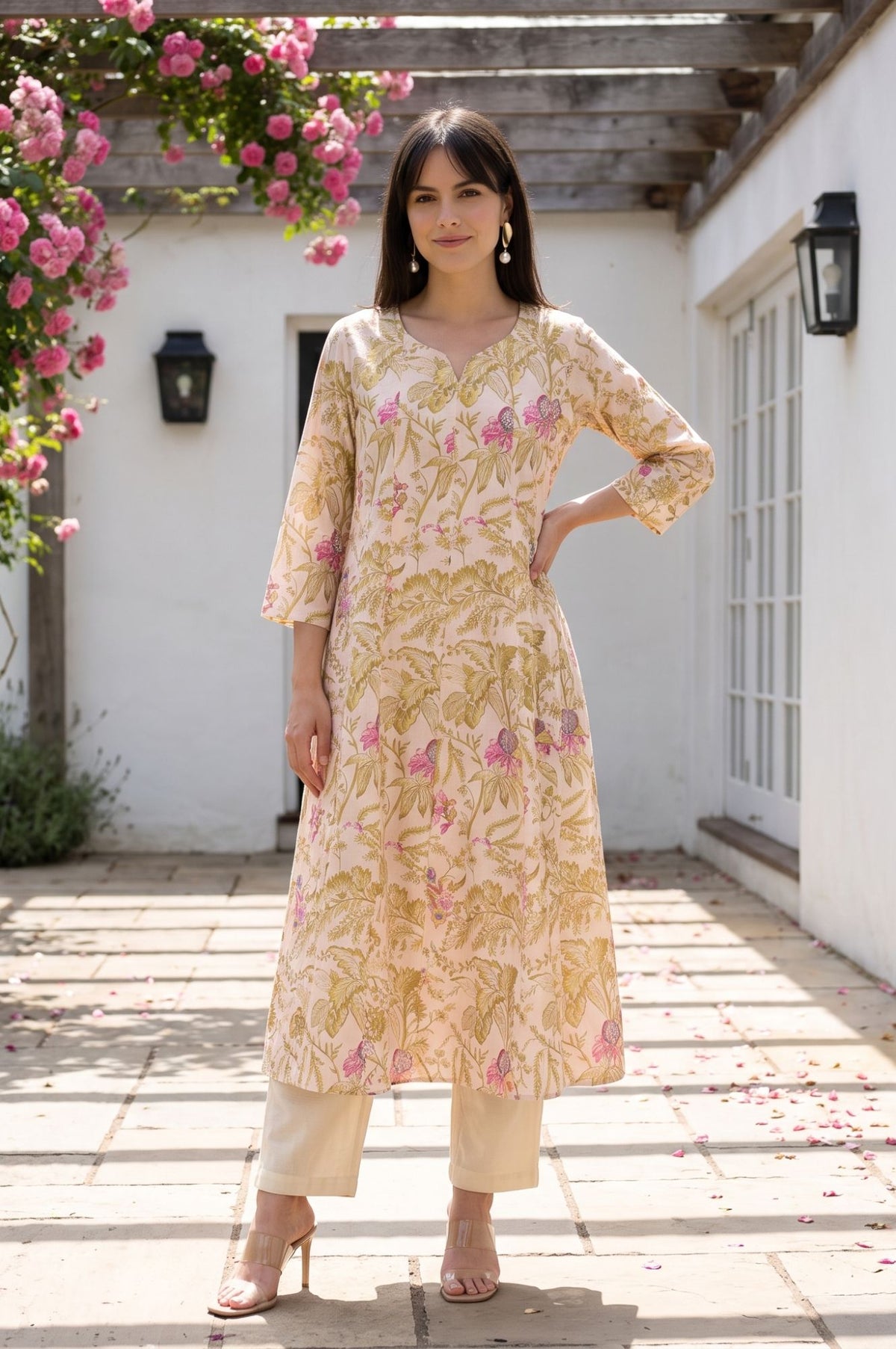 Peach Floral Printed Pure Cotton A-line Kurta