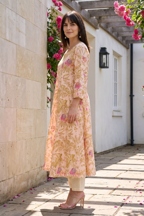 Peach Floral Printed Pure Cotton A-line Kurta