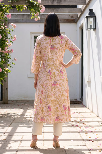 Peach Floral Printed Pure Cotton A-line Kurta