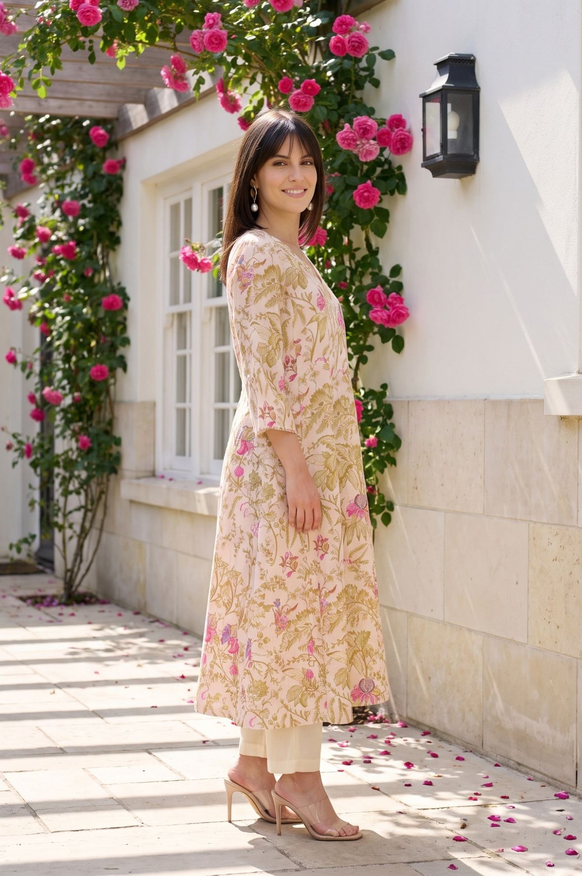 Peach Floral Printed Pure Cotton A-line Kurta