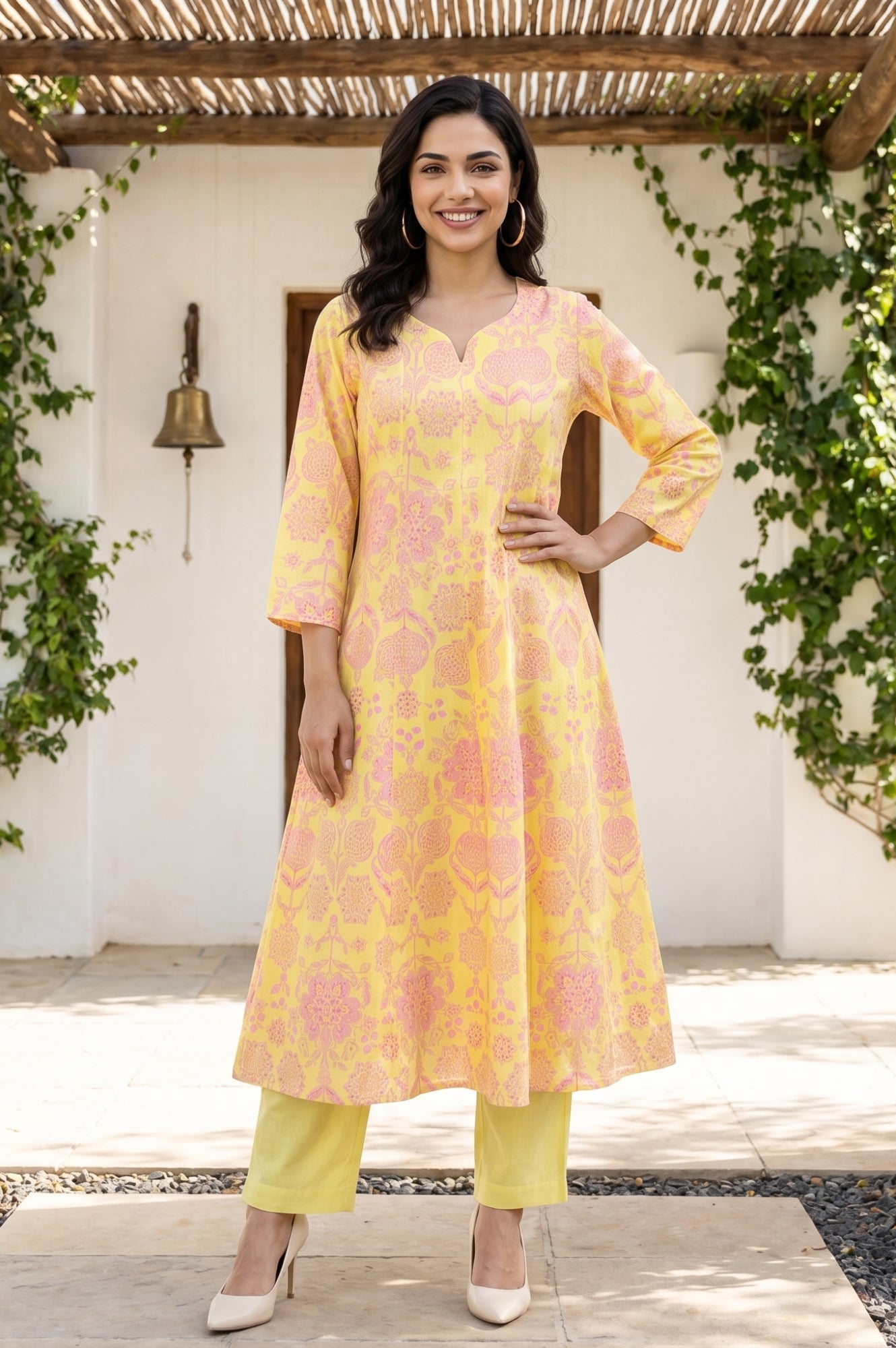 Yellow Floral Printed Cotton Flax Flared Kurta