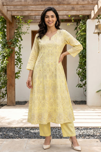 Light Yellow Floral Printed Cotton Flax Flared Kurta